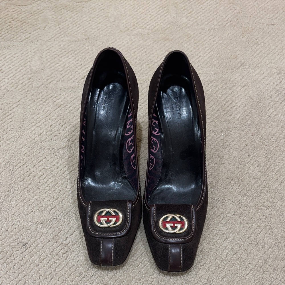 Gucci Dark Brown Heels with Gold Accent